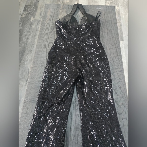 Women's Cider Halter Glittery Sequined Black One Piece Flared Romper (SIZE:XS) - Picture 3 of 7